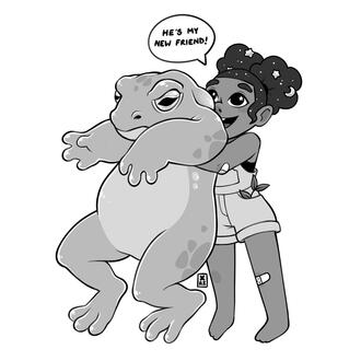 Young witch character with large frog familiar